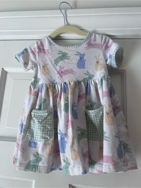 Toddler White Dress with Pastel Bunny Print and Gingham Pockets